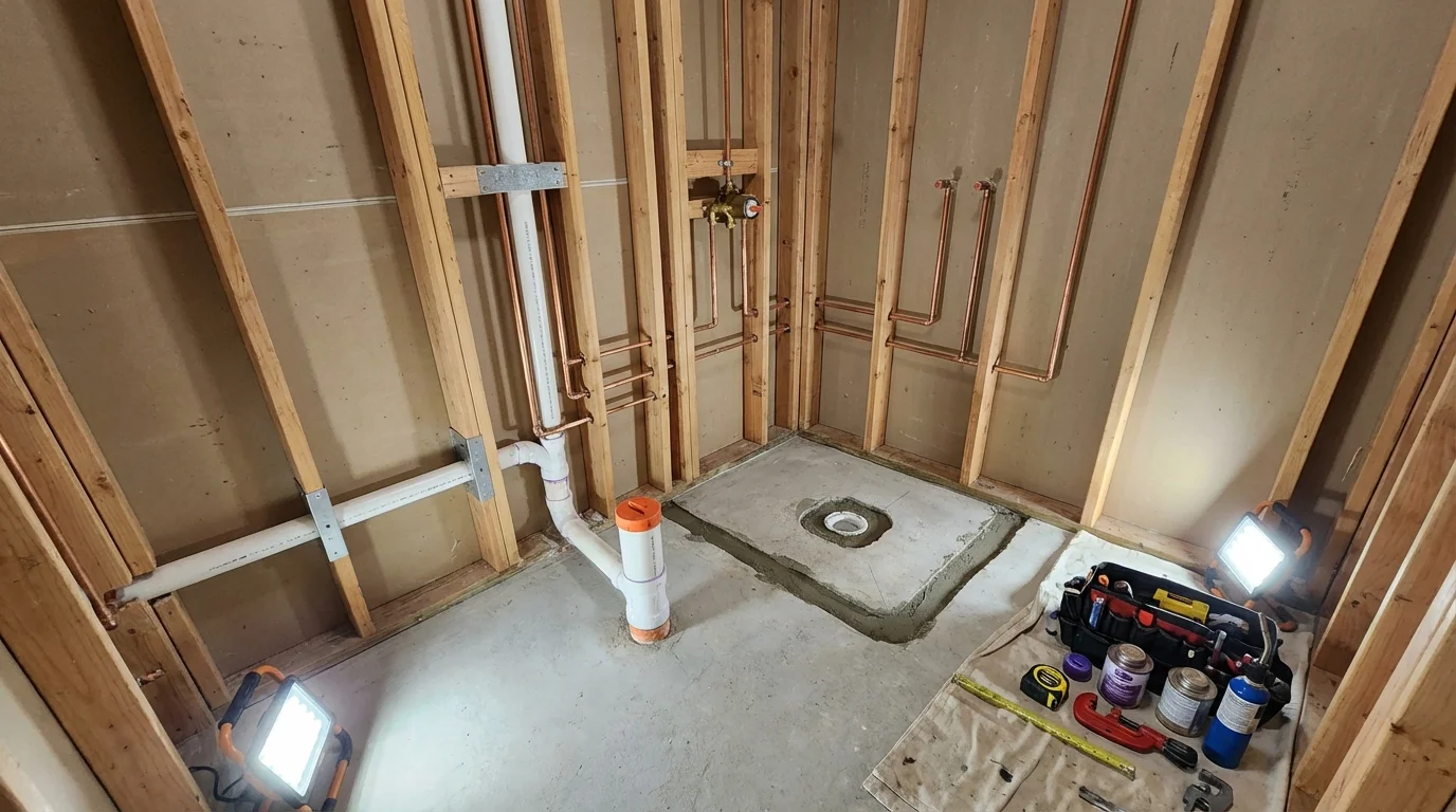 Bathroom rough-in plumbing during remodel by Johns Plumbing LLC in Wappingers Falls