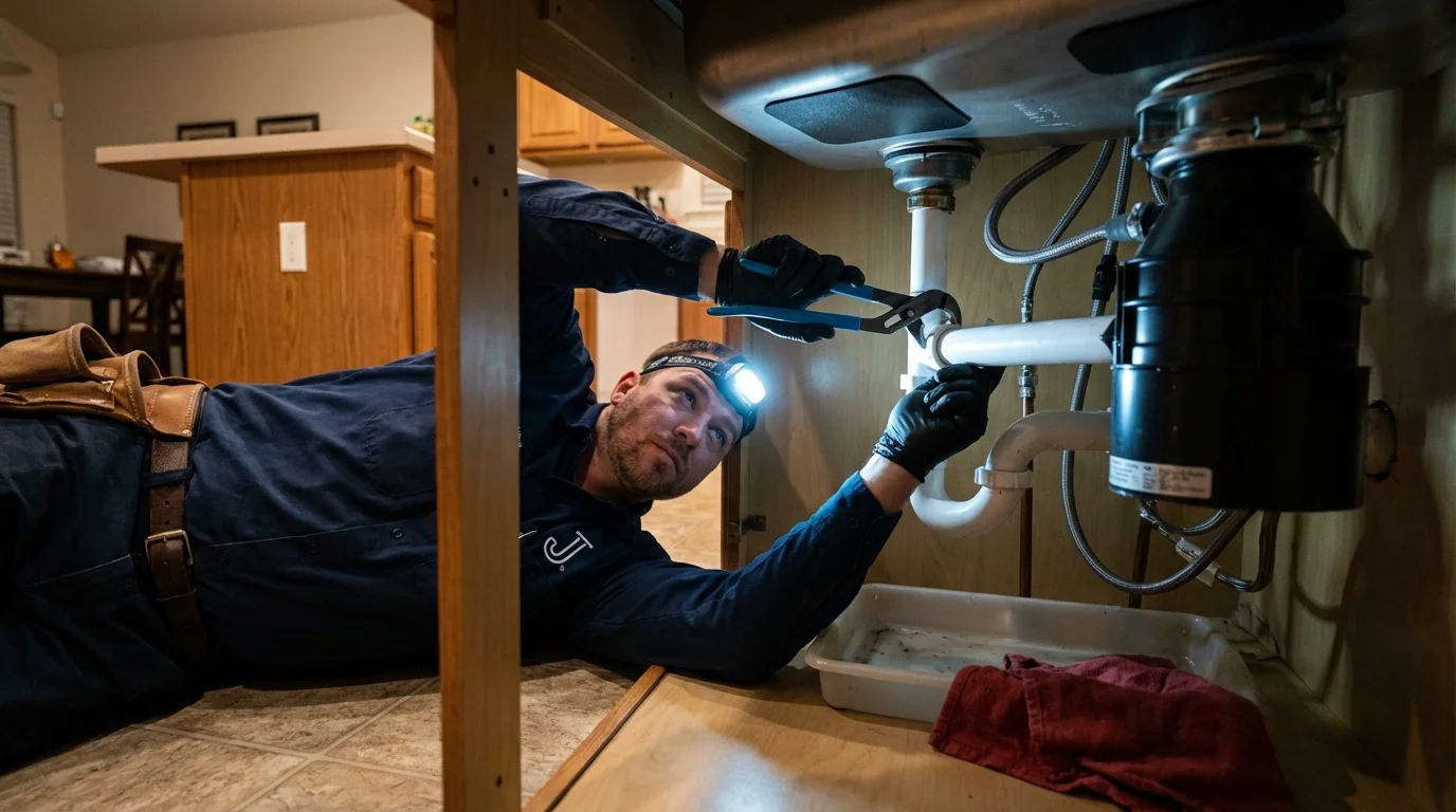 P-trap and supply line connections under a kitchen sink showing a common leak point in Wappingers Falls, NY